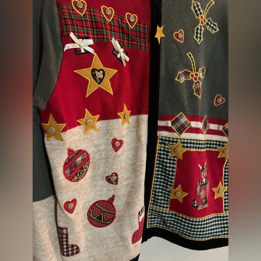 Victoria Jones Zip‎ Front Christmas Cardigan Color Block Applique Design Size M